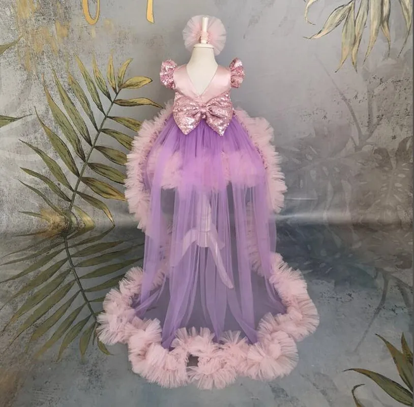 Lilac Baby Girl Pageant Dress Detachable Train Girl Prom Gown Flower Girl Dress Custom Baby Frock Toddler 1st Birthday Gown