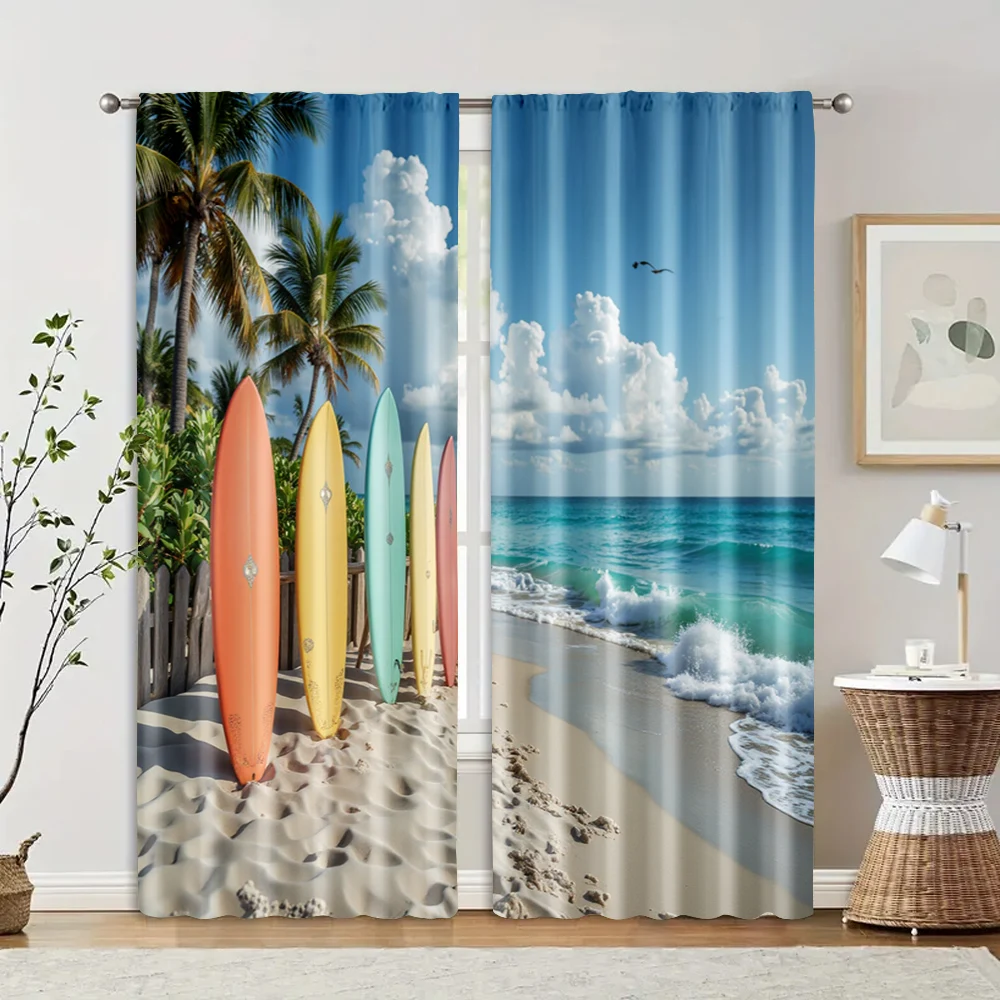 2pcs, Pattern Curtains Surfboard, Palm Trees & Seagulls Fabric (without rod) Gifts Ldeal for Kitchen Living Room Office Bedroom