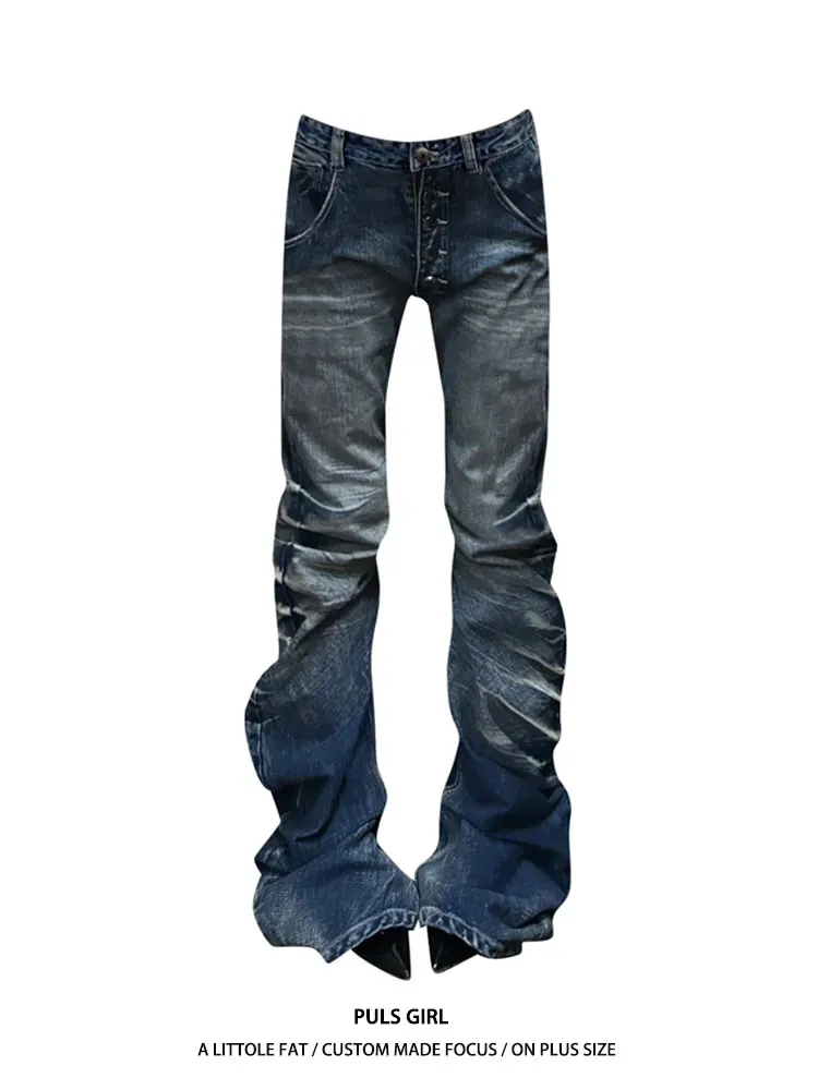 

High Waist American Style Vintage Button Folded Knife Jeans Women's plus Size Draping Long Pants Autumn Season Casual Wear