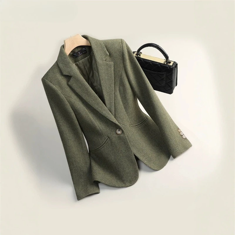 Thicke Wool Blazer Women Autumn Winter Jacket New Herringbone Pattern Short Casual Woolen Suit Coat Female Casual Tops Outerwear
