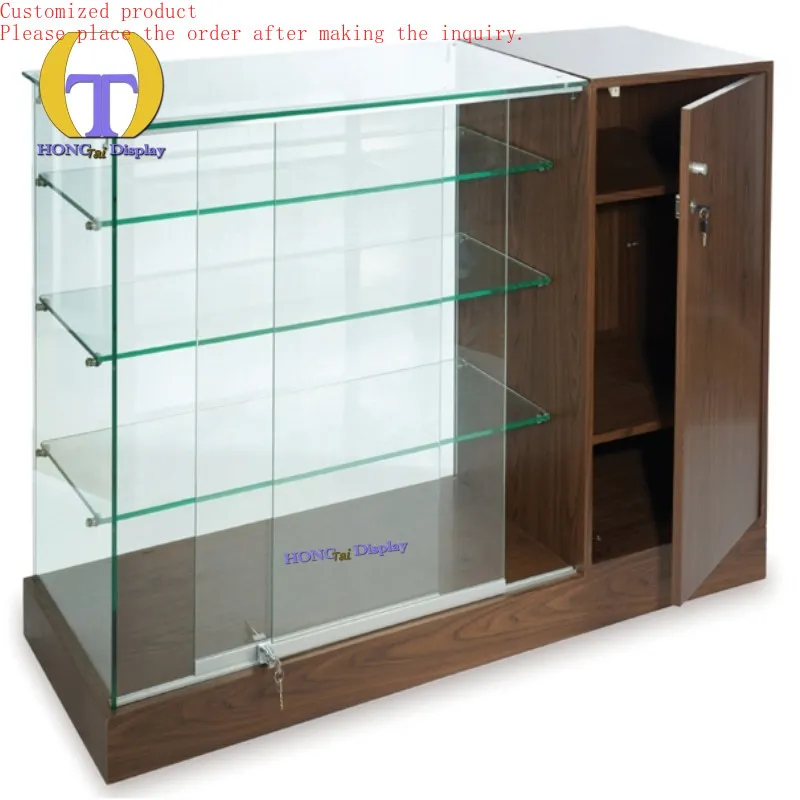 

Custom.Secured Smoke Store Desk Transparent Glass Shelves Wooden Paneled Based Lockable Compartment Storage Smoke Shop Table