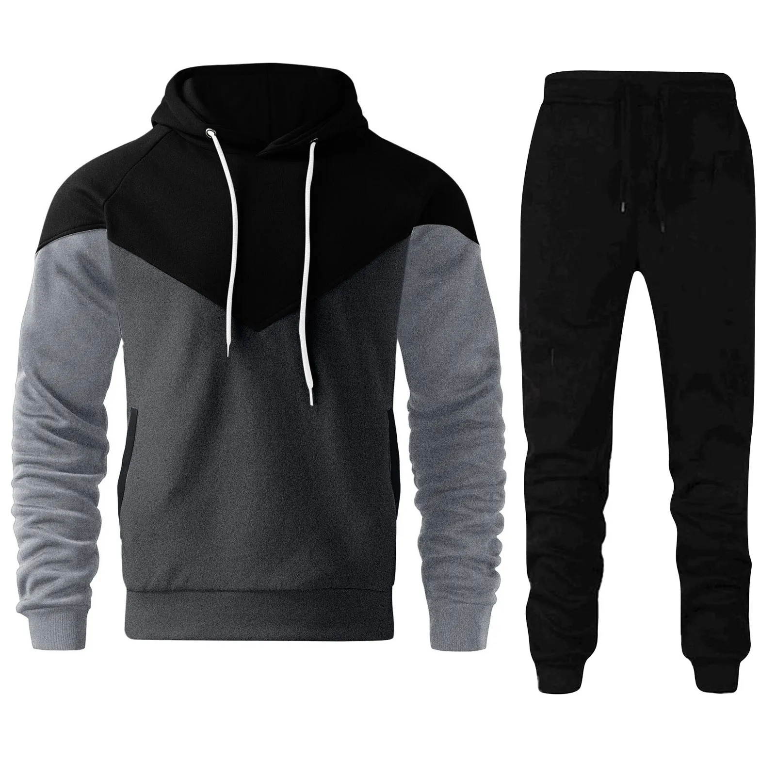 Men Patchwork Sport Suit Hooded Drawstring Sweatshirt+Fitness Jogging Pants 2 Piece Set 2024 Autumn Male New Sportwear Tacksuit