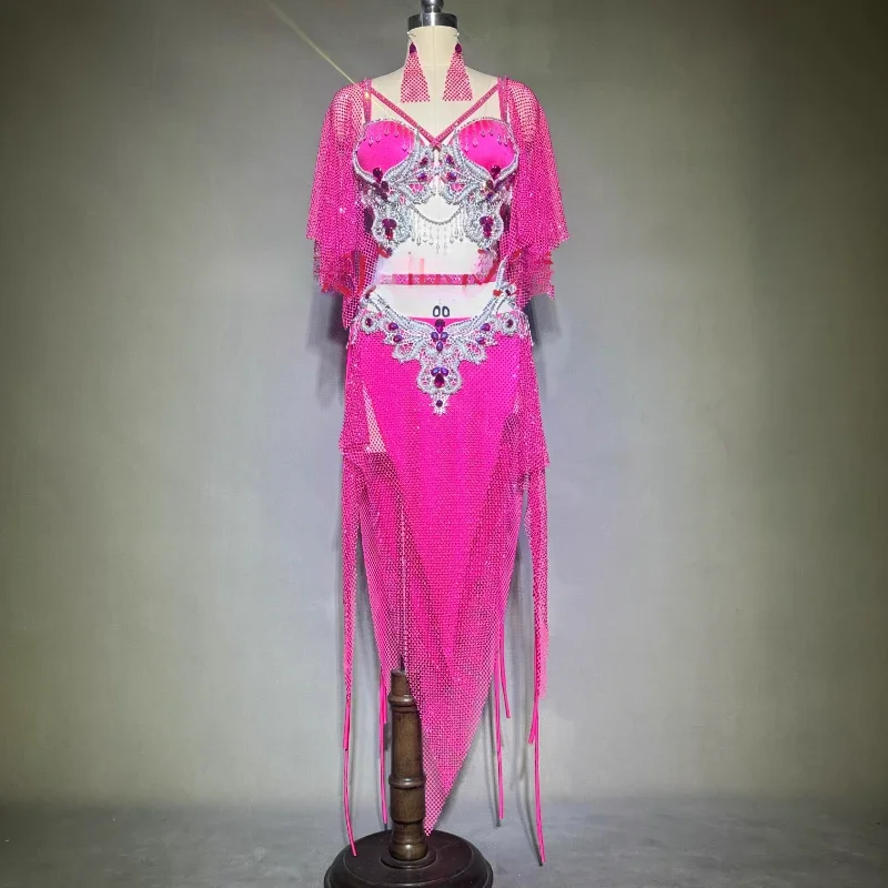

BellyDance Performance Costume Senior AB Stones Bra+Tassel Skirt BALADI SHAABI Costume Drum Customized Dancer Competition Outfit