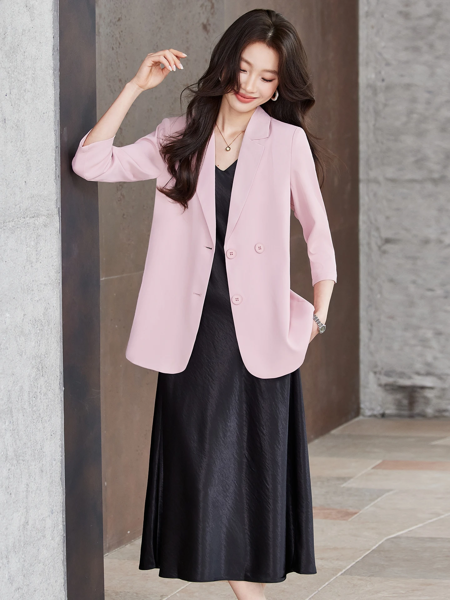 

Spring Pink Slim Fit ort Sve Suit Jaet Women's Thin Commute Workplace Maturi Ele Versatile Western Sle Coat