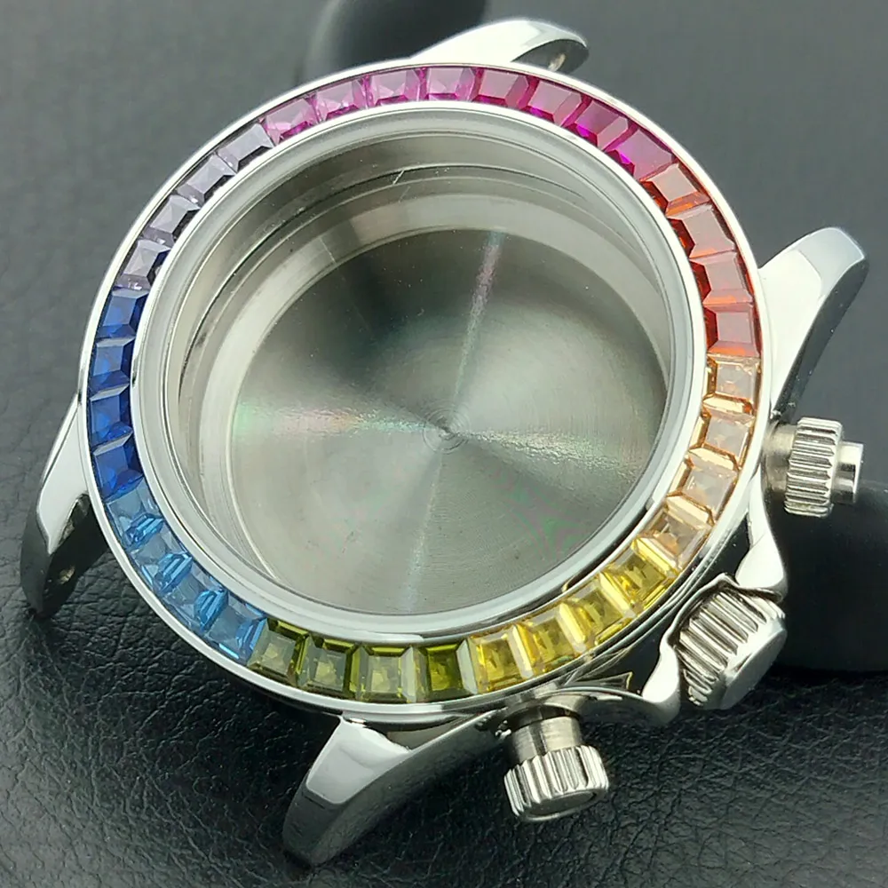 39.3mm men's watch case luxury colored rhinestone suitable for VK-63 movement 28.5mm dial sapphire lens watch accessories 5Ba