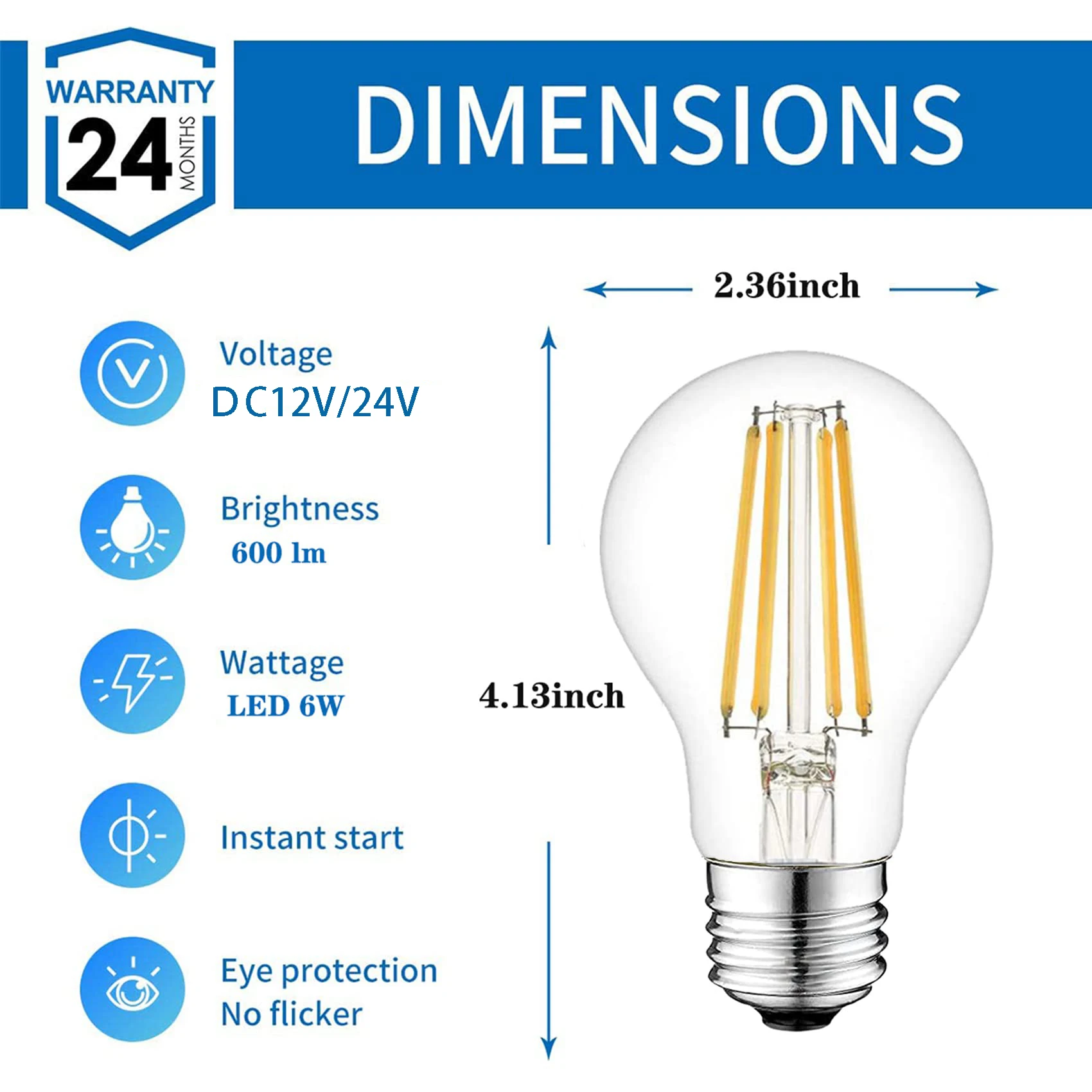 Filamento de luz Led de bajo voltaje, lámpara E26, E27, DC12V, 24V, A19, 6W, 2700K, 4500K, RV, locomotora, luz para habitación