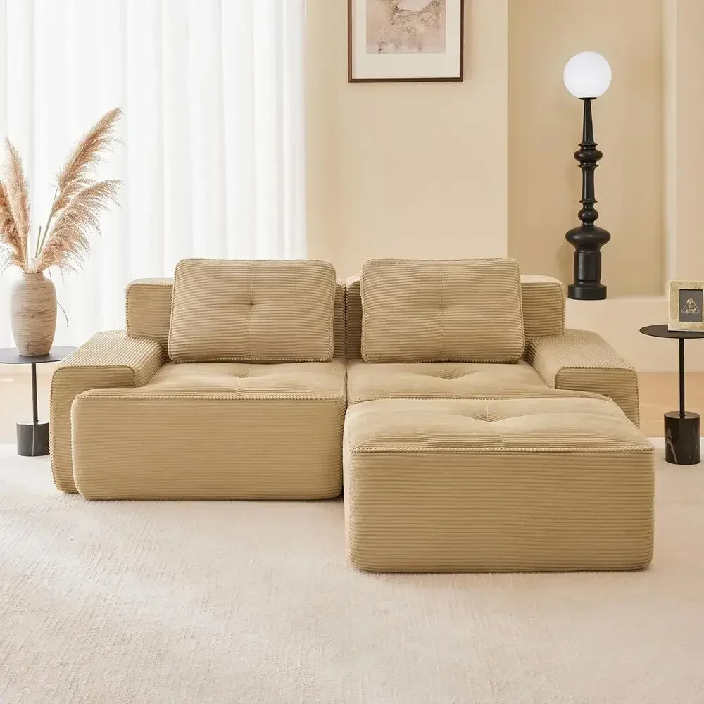 L-Shape Sectional Sofa with Chaise, 2-Seater Loveseat, Deep Seat Upholstered Couch, Corduroy Fabric, Cloud Comfort, No Assembly
