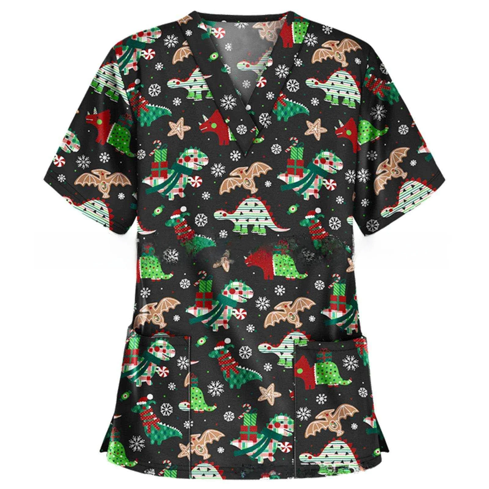 Christmas Print Short Sleeve Pocket T-Shirt Nurse Uniform Cross-Border Independent Station Ebay Hot Sale  Slim Fit Commut...