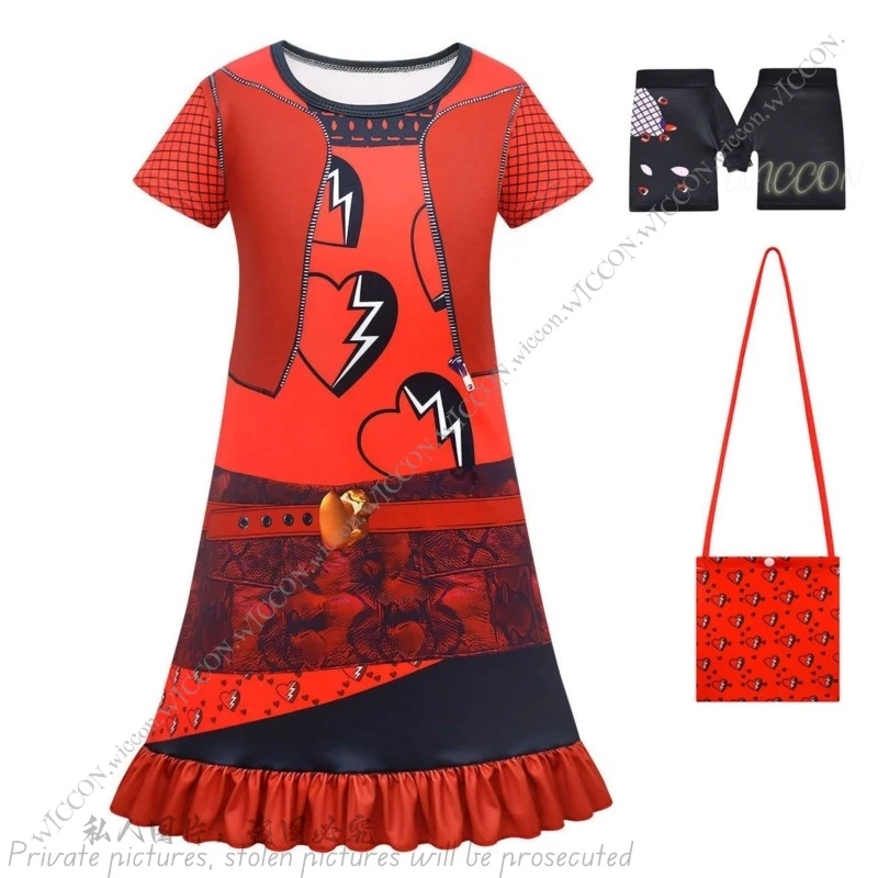 Short Sleeve Dress For Girls Cosplay Descendantt Mid-length Nightdress Kawaii Movie Child Kids Children Cos Red Dress+Gloves+Bag