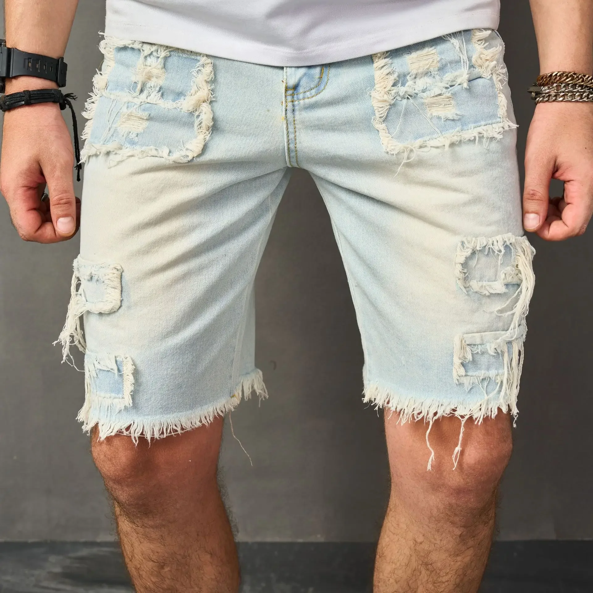 

Summer Men's American Style Casual Vintage Washed Retro Blue Knee Length Jeans Pants Trendy Loose Short Denim Trousers Male
