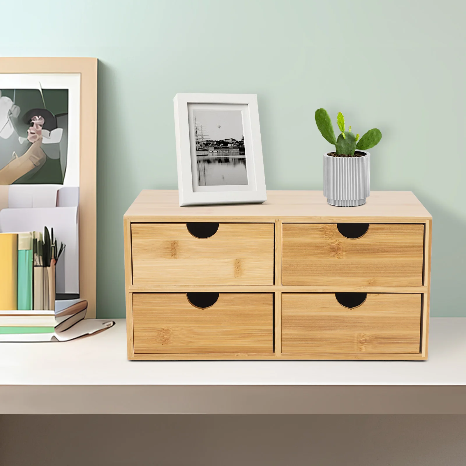 

4-Drawer Bamboo Desktop Organizer Office Desk Storage Box & Drawer Organizer for Stationery, Makeup, Home Office Supplies