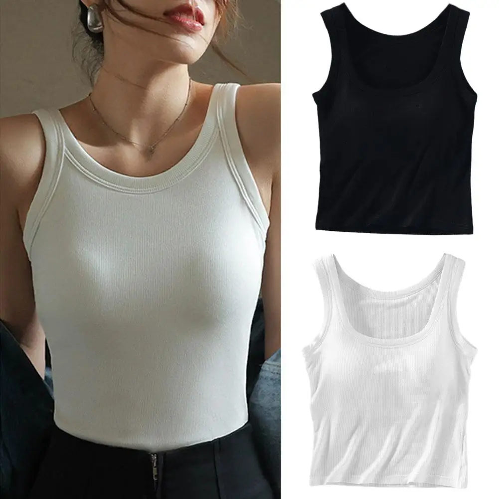 

Tops Long Strap Vest With Chest Pad Women Sexy Crop Slim Fit Blouse Top Y2k Sleeveless Top Bottoming Solid A2p0