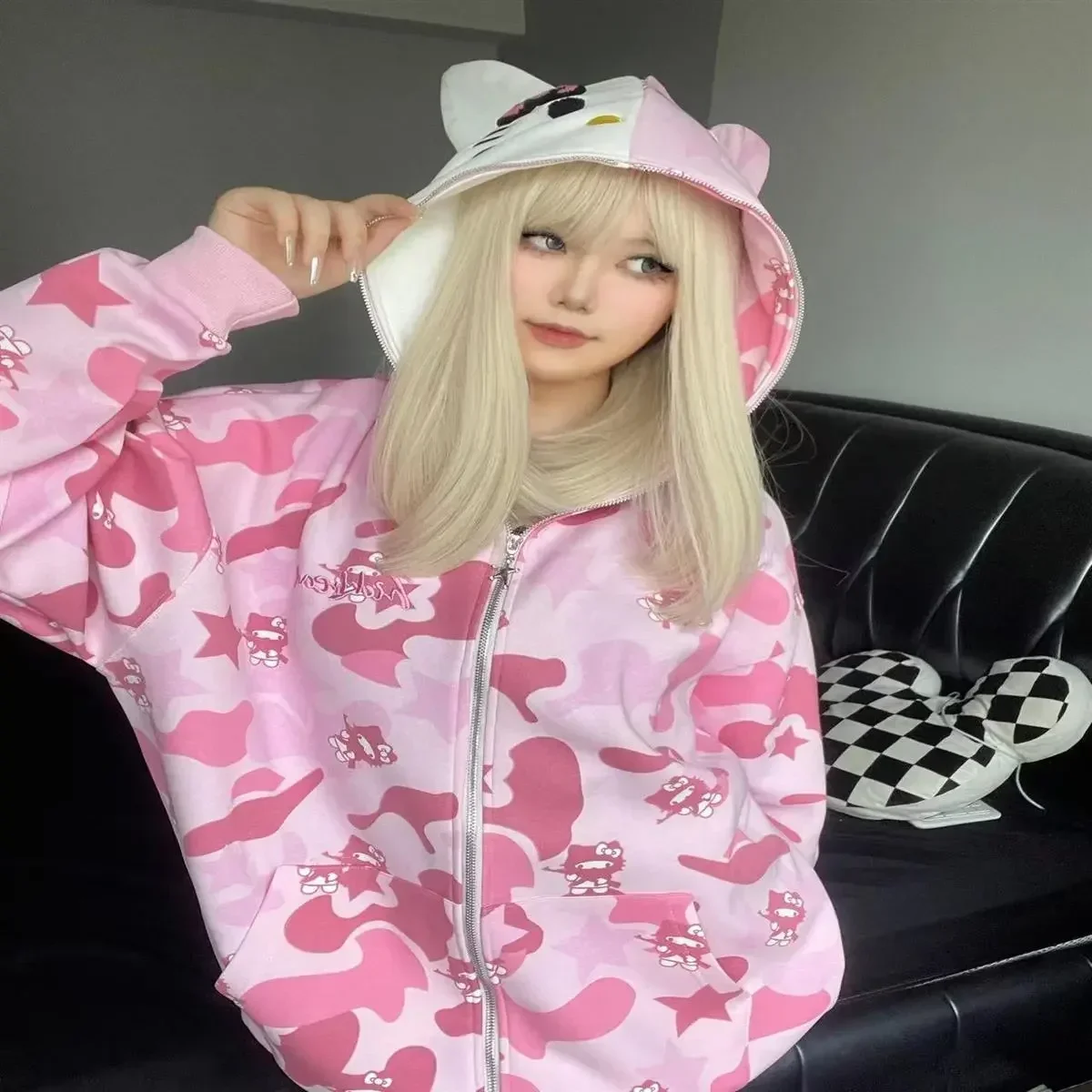 Japońska odzież Y2k wszechstronne bluzy patchworkowa bluza z kapturem pełny zamek Kawaii ubrania para Harajuku kocie uszy dekoracja kamuflaż