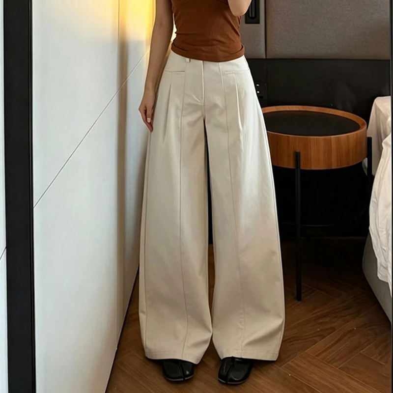 Casual Solid Suit Pants Women Early Autumn Fashion Office Lady Wide Leg Pants Loose All Match Simple High Waist Straight Trouser