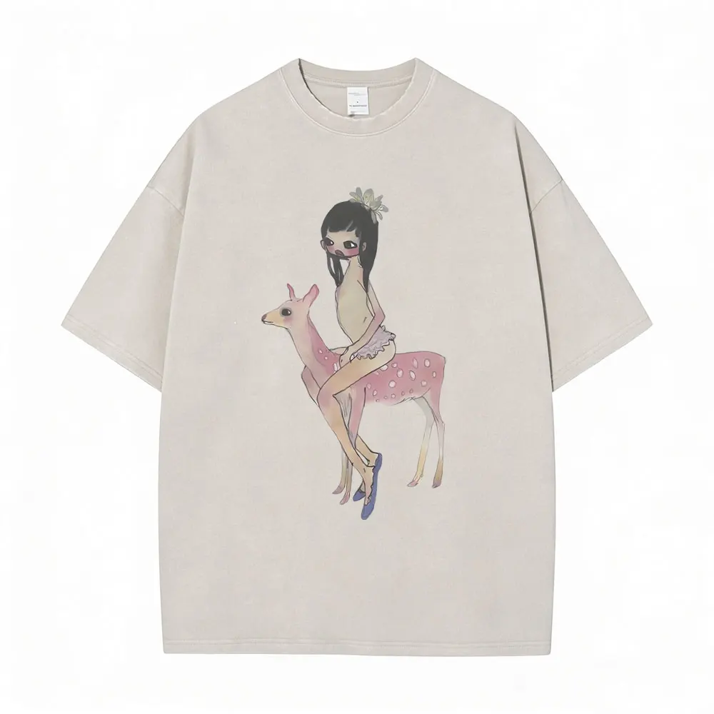 Camisetas Gráficas Vintage Lavadas con Diseño de Chica Grunge de Yoshitomo Nara y Aya Takano Montando un Ciervo Rosa, Camisetas Divertidas de Dibujos Animados para Hombre y Mujer