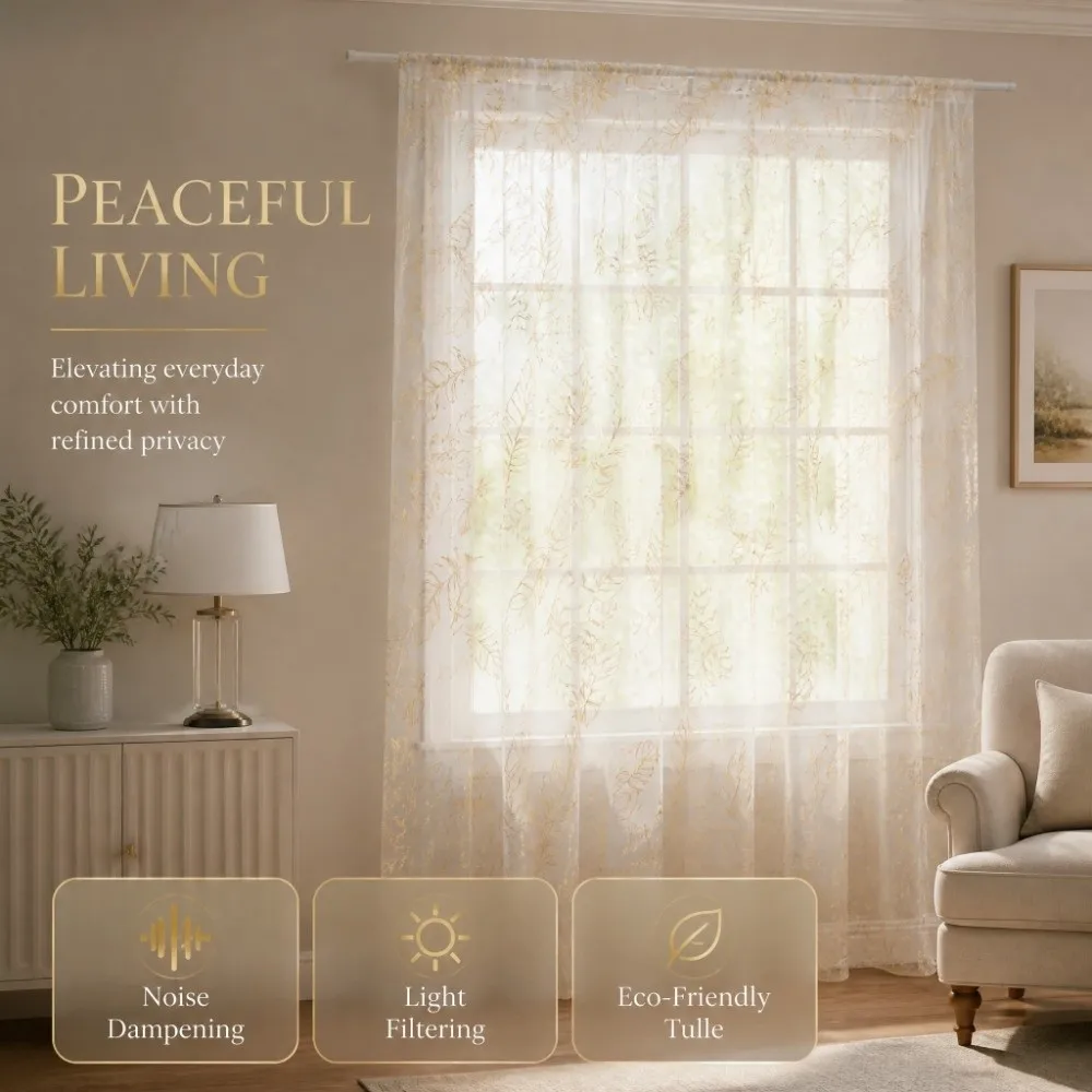 1 set Gold Foil Print Sheer Curtains Floral Pattern Metallic Bronzing Tulle Window Curtains 52