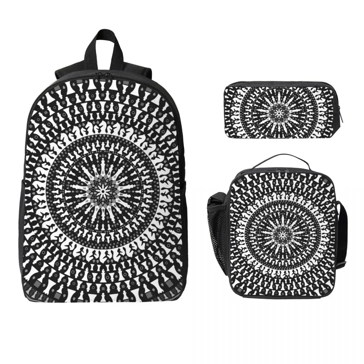 

Chess Pieces Mandala Grayscale Chessboard Backpack BookBag School Bag Laptop Shoulder Bags 3ps Insulated Lunch Bag Pencil Case