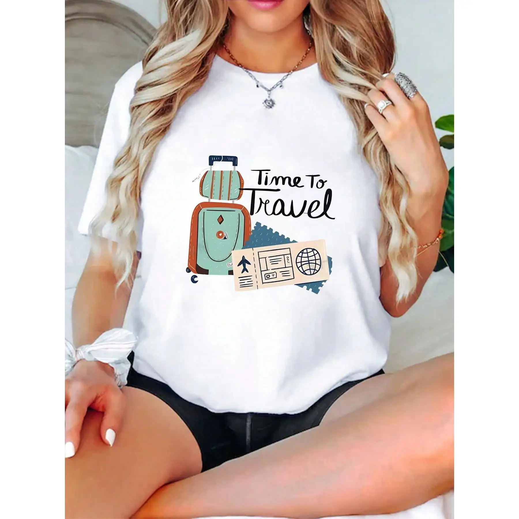

Time To Travel T-Shirt for Women, Luggage & Passport Graphic Tee, Vacation Trip Holiday Casual Top, Gift for Traveler