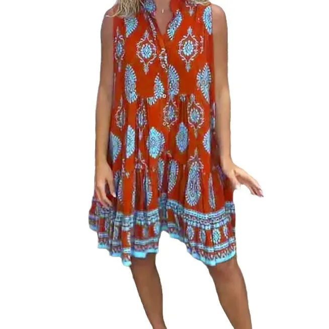 Vestido suelto, cómodo e informal para mujer, cuello camisero, sin mangas, estampado de moda, vestido de verano medio a largo