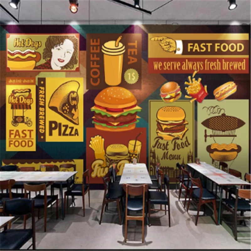 Custom Retro Western Fast Food Restaurant Snack Bar Industrial Decor Background Mural Wallpaper 3D Burger Pizza Wall Paper 3D