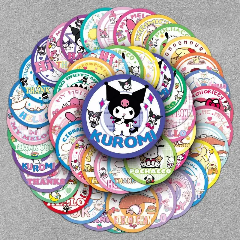 50Pcs Anime Sanrios Badge Sticker Cartoon Cute My Melody Kuromi Waterproof Decoration Sticker Kawaii Hello Kitty Closure Sticker