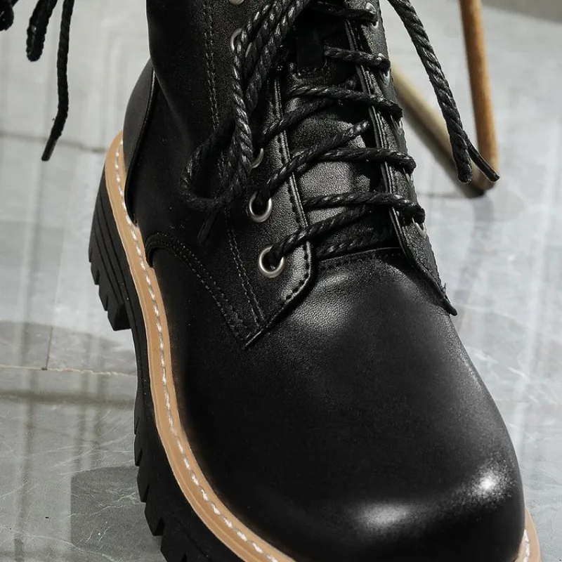 Round Toe Thi Heel Boots Women's High Heel Waterproof Platform Ort Boots Small Size Retro White Soft Leather Boots Plus Size 43