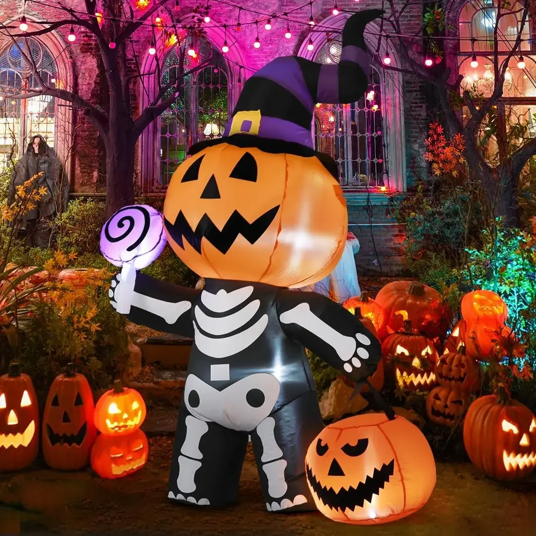 Cuerpo de calavera de calabaza inflable luminosa de Halloween de 6 pies, decoraciones para exteriores, calabaza de patio inflable para decoración de fiesta de césped y jardín