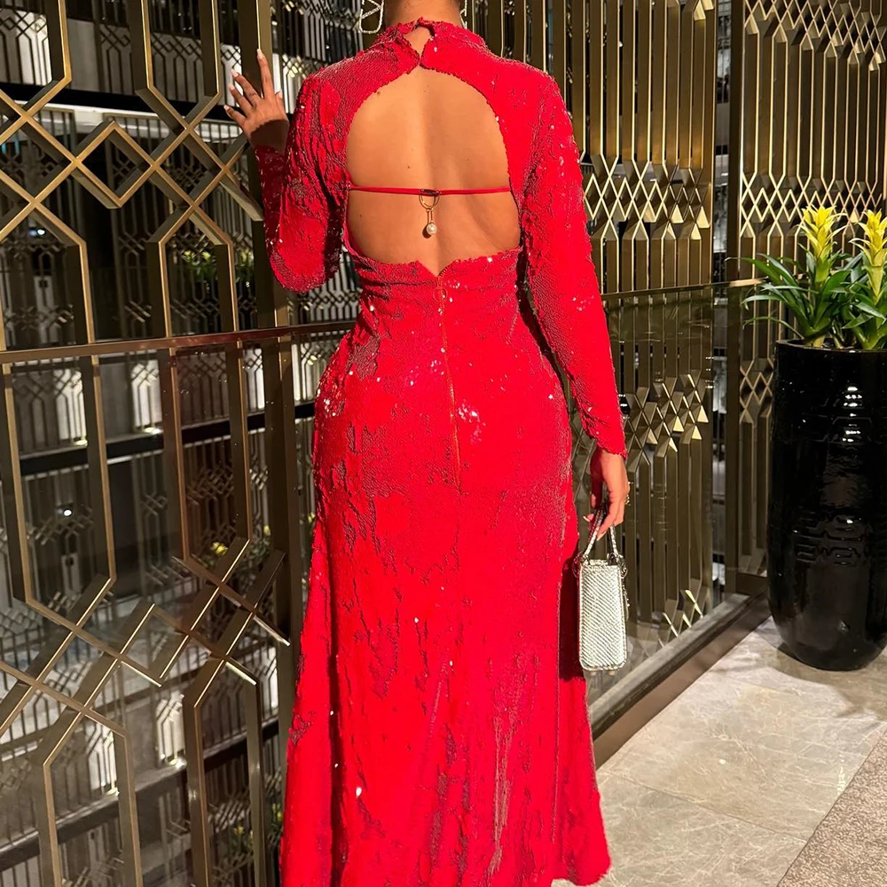 Customized Sequin Straight High Collar Evening Dress Floor Length Long Sleeves Zipper Back Red Modern Vestidos para mujer