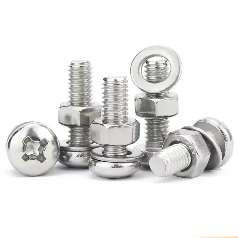 Винт с полукруглой головкой M2-M10, трехкомпонентный комбинированный винт из нержавеющей стали 304, гайка, шайба, набор крестообразных болтов с круглой головкой