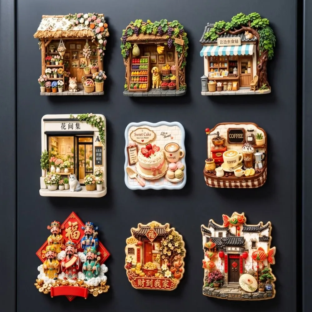 Ornaments God of Wealth Refrigerator Magnet Shop Shape Rustic Style Home Decoration Emboss Design Fruits Magnetic Sticker Office