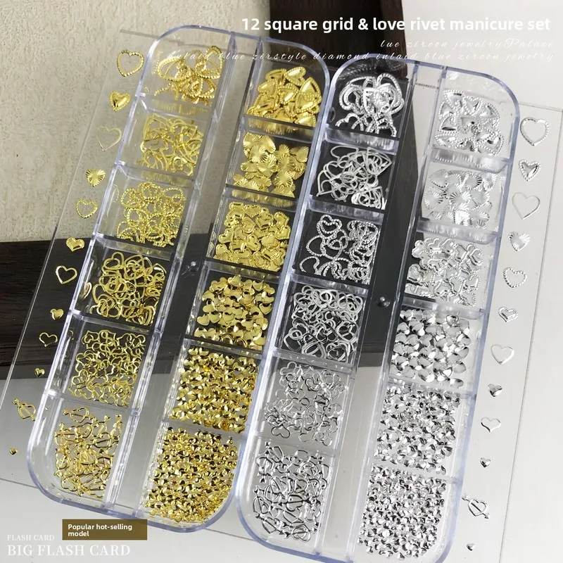 LYLE 12 Grid Gold Silver Hollow Heart Rivet Alloy Nail Charms Set Cross Border New Wholesale Mini Decor Bling Jewelry Mix DIY 3D