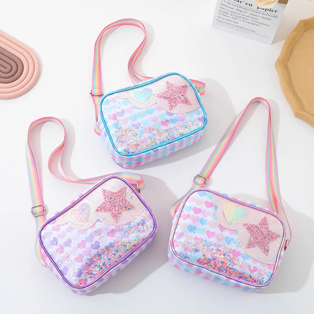 Colored Love Star Sequins Kids Shoulder Bags Rainbow Strap Sweet Girls Small Messenger Bag Square Children Crossbody Coin Purse