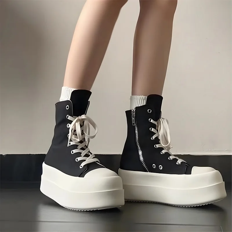 Women\'s Platform Ankle Boots High-Top Lace-Up Canvas Shoes for Spring Autumn Trendy Height-Increasing Design Shoes