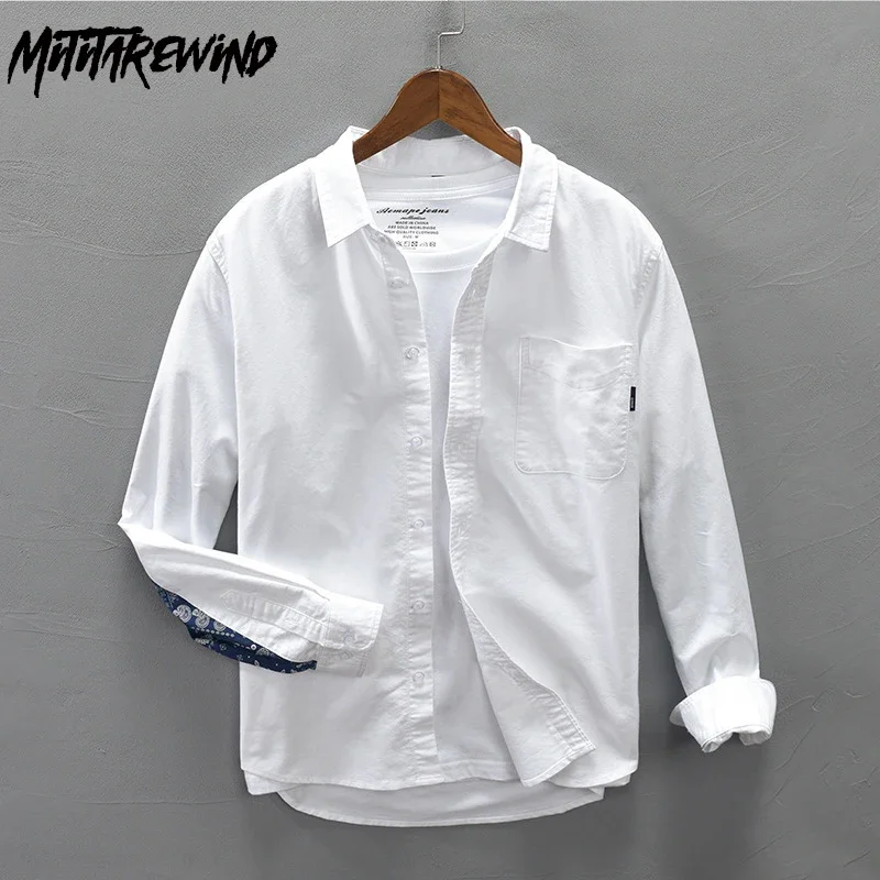 Camisa blanca de manga larga para hombre, camisa informal de algodón puro con solapa y bolsillo impreso, ropa Simple, moda japonesa, primavera y verano