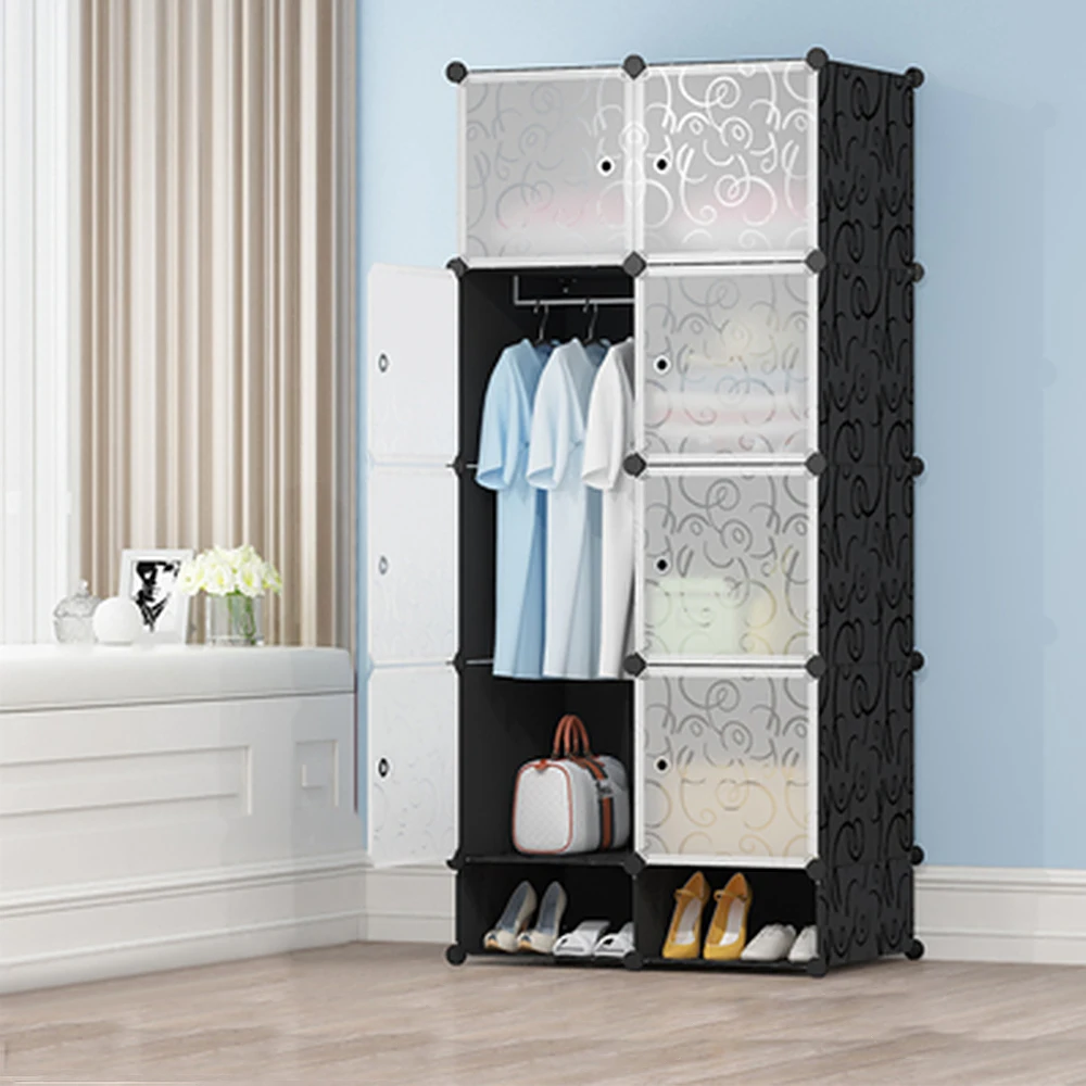 Armario Armario de dormitorio con zapatero Armario estante de almacenamiento armario modular impreso negro de plástico con armario