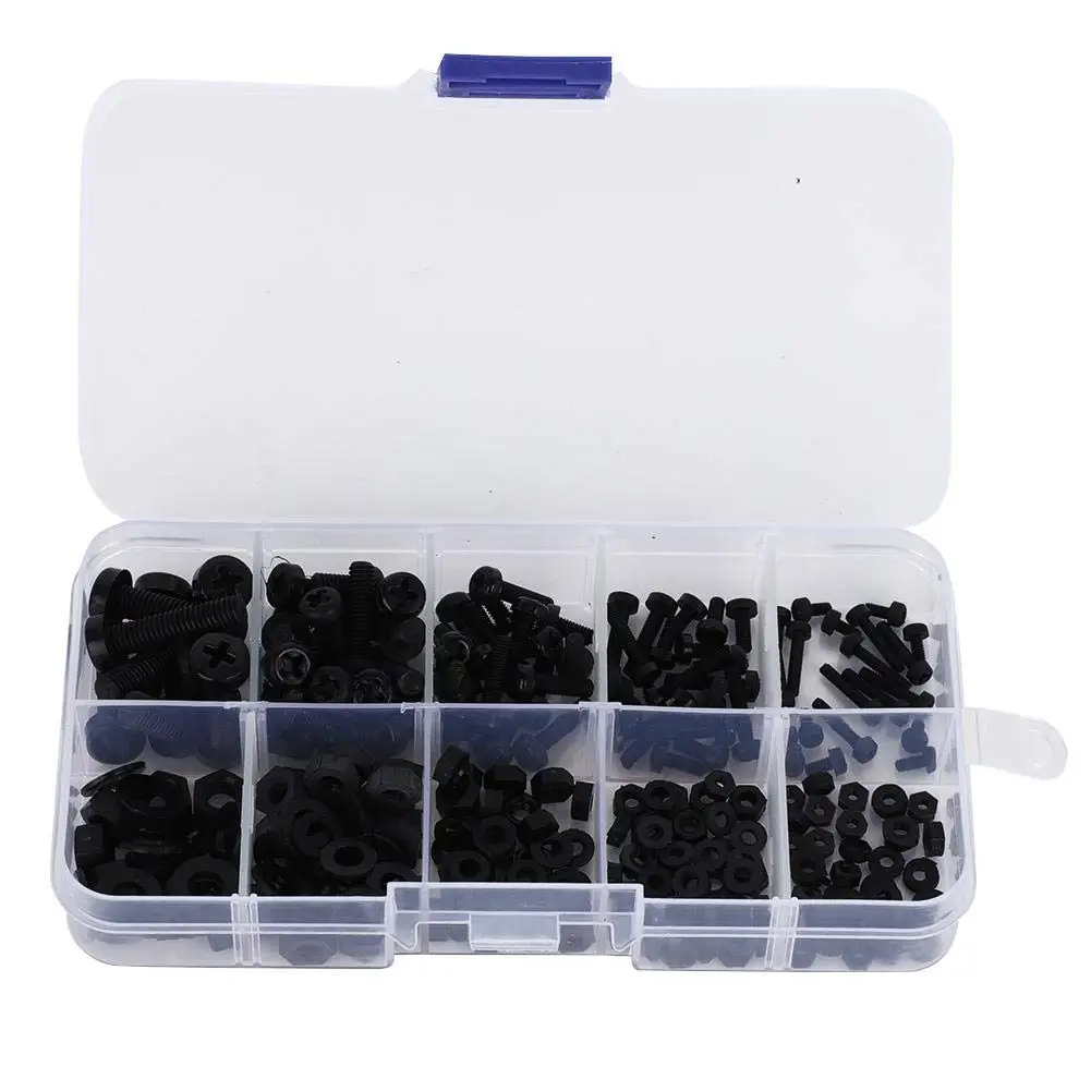 M2-M5 Plastic Nylon Screw Nut Washer Combination Set, 270PCS Nylon Screw Nut Washer Assortment Kit for Fasteners(Black)