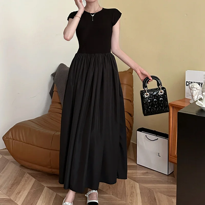 French Style Women's Dresses for 2023 Summer Loose O-Neck Lady T-Shirt Dress Patchwork Sleeveless Vestidos Female Robe KE3452