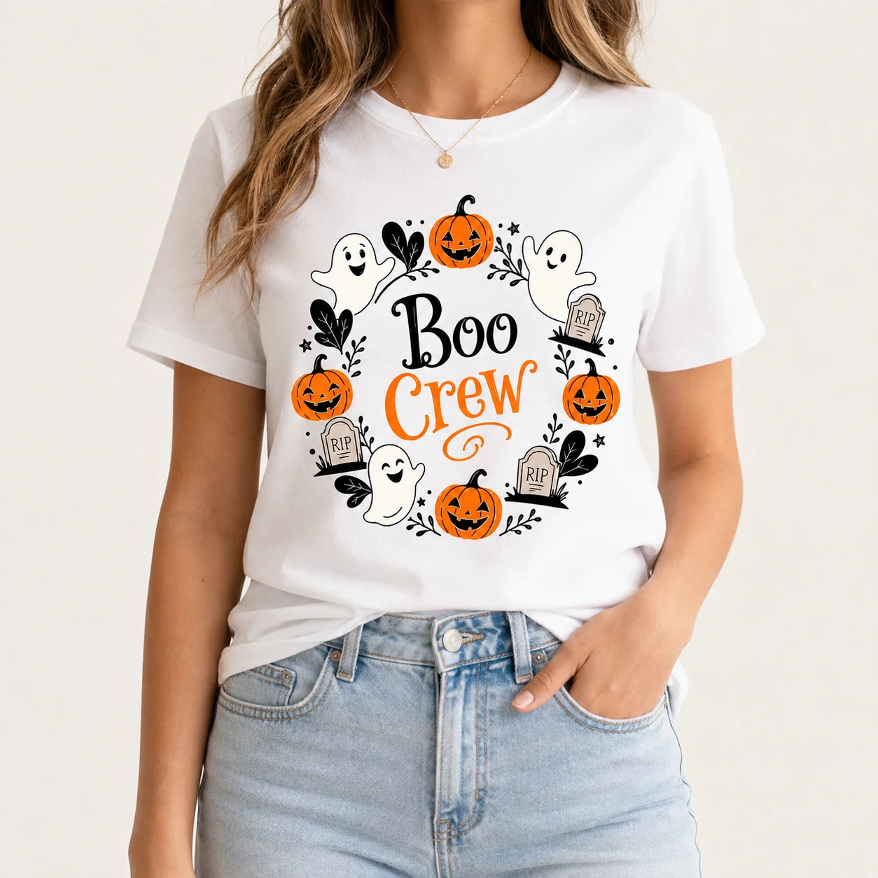 100% Cotton Cute Halloween Boo Crew Ghost Pumpkin Wreath Graphic Women T‑Shirt Crew Neck Short Sleeve Fall Party Daily Top