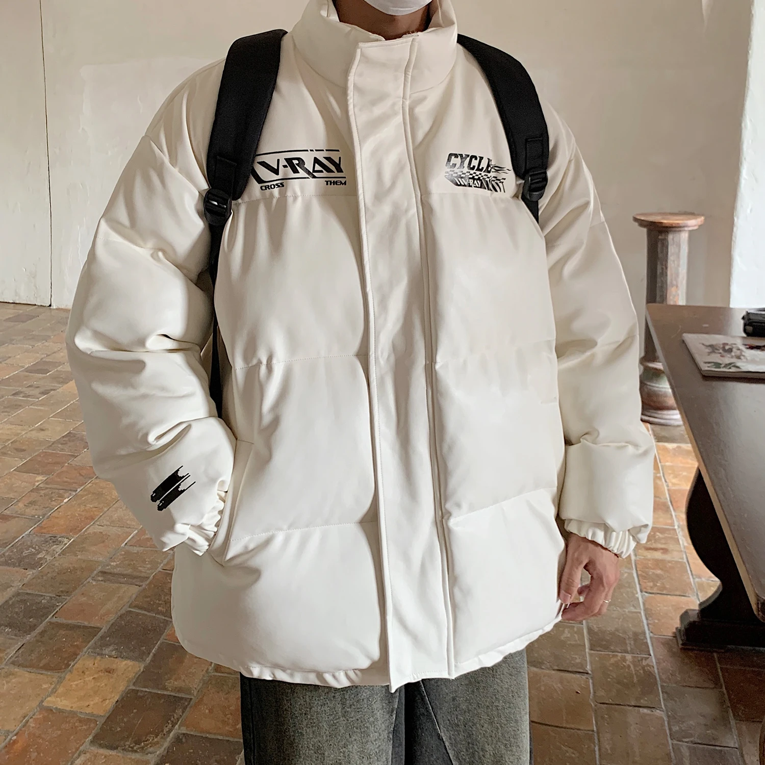 

Мужская зимняя утепленная куртка-косуха из искусственной кожи с воротником-стойкой, на хлопковой подкладке, повседневная теплая модная одежда для пар