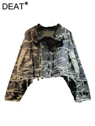 DEAT Women's Denim Jackets Loose Camouflage Printed Burrs Edge Distressed Female Short Coat Autumn 2024 New Fashion 11A0990