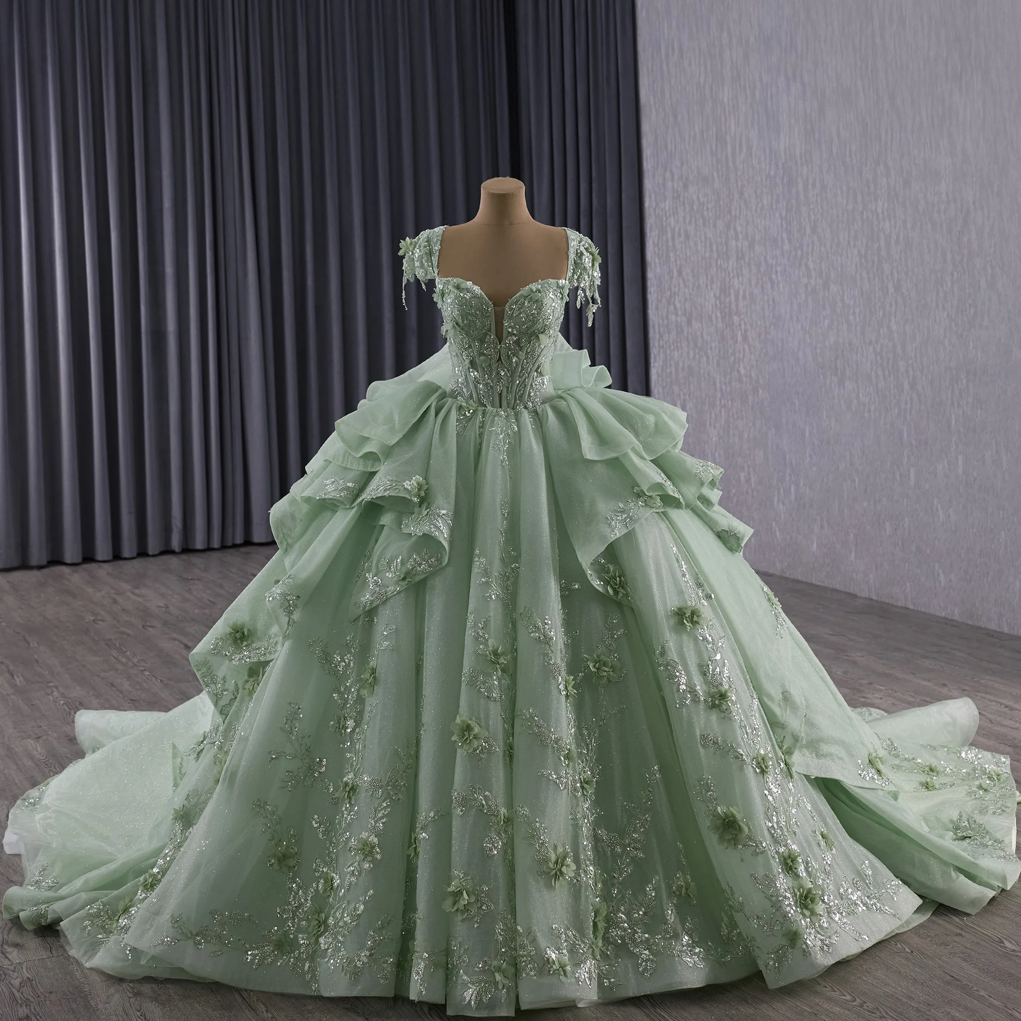 Rosymae Light Green Quinceanera Dress Ruffle Skirt with 3D Flowers Sequined Beading Lace Cap Sleeves Keyhole Back for Sweet 15