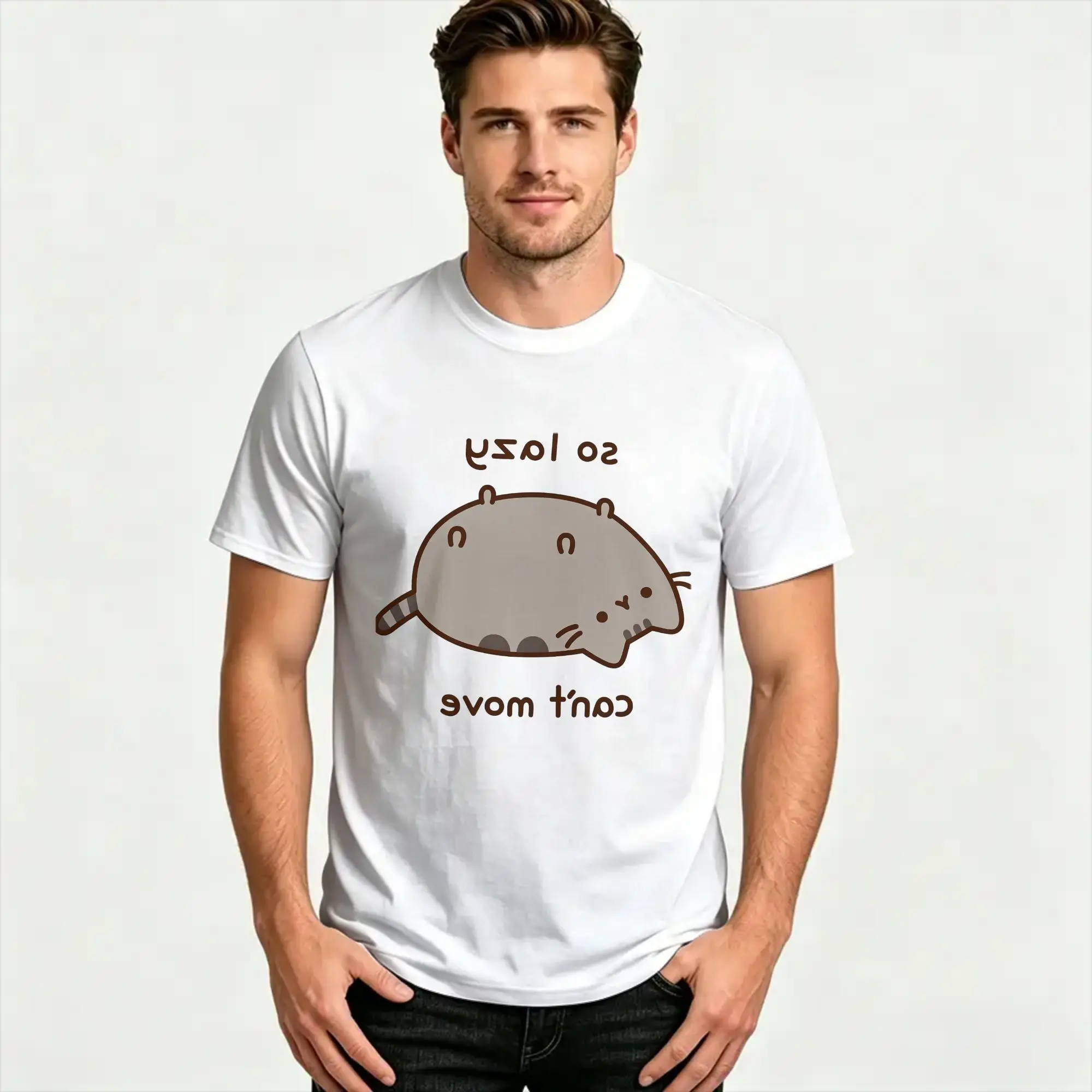 P-pusheen So Lazy Can't Move Cotton T-Shirt For Men's Summer  Awesome T Shirts Trending Tees Oversized Custom Logo Clothes