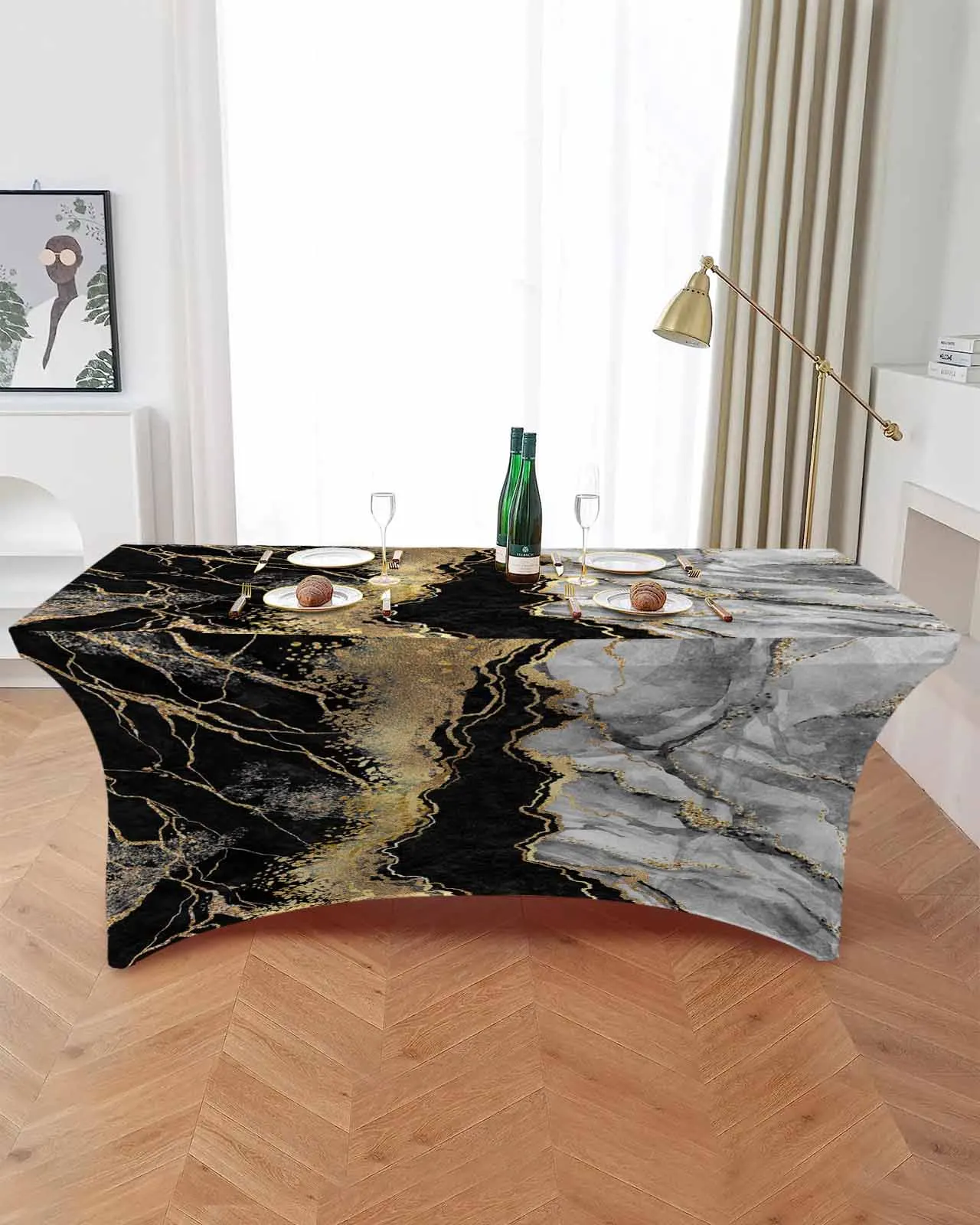 Abstract Black Marble Elastic Table Skirt Wedding Hotel Birthday Table Cover Buffet Table Tablecloth Decor