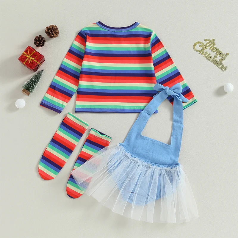 Toddler Baby Girls Halloween Costume Set Striped Shirt Blue Romper Socks Little Kid Chucky Costume Horror Cosplay