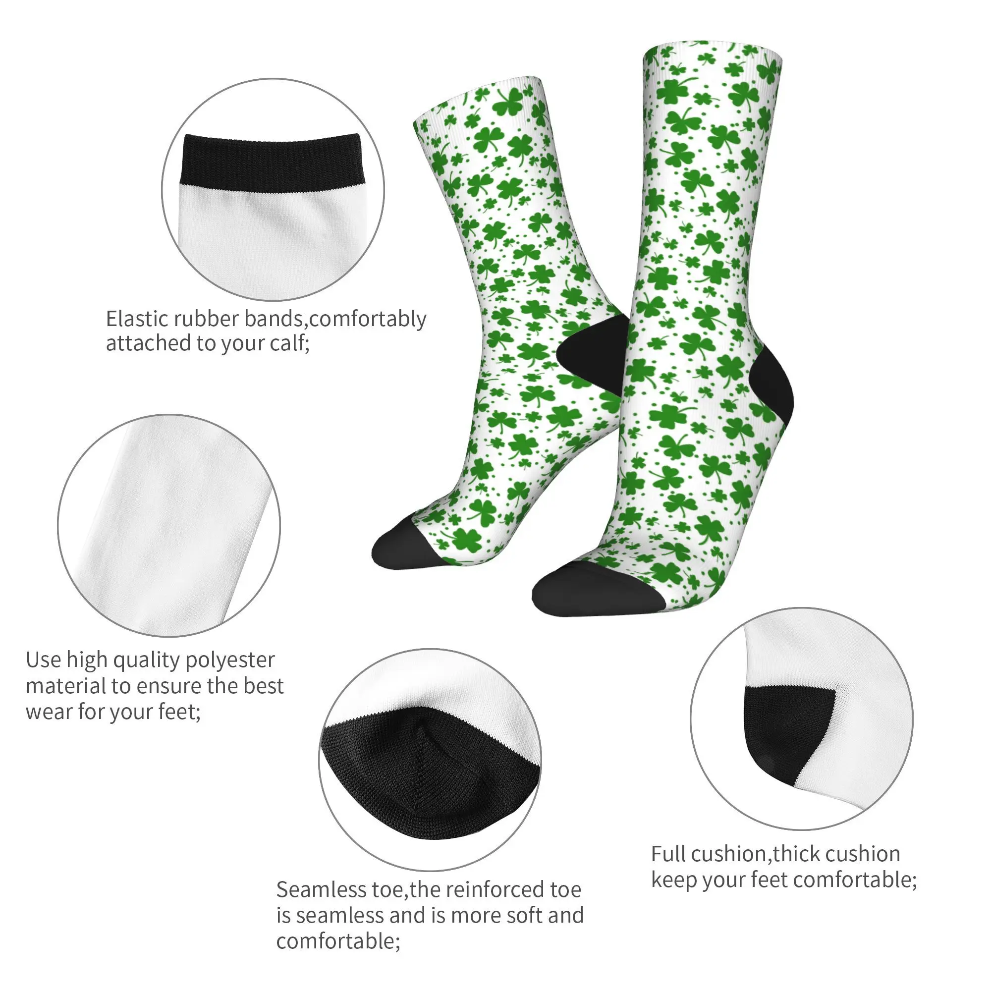 Casual Lucky Green Clover Shamrock Basketball Socks Irish St Patrick's Day Polyester Middle Tube Socks for Women Men Breathable