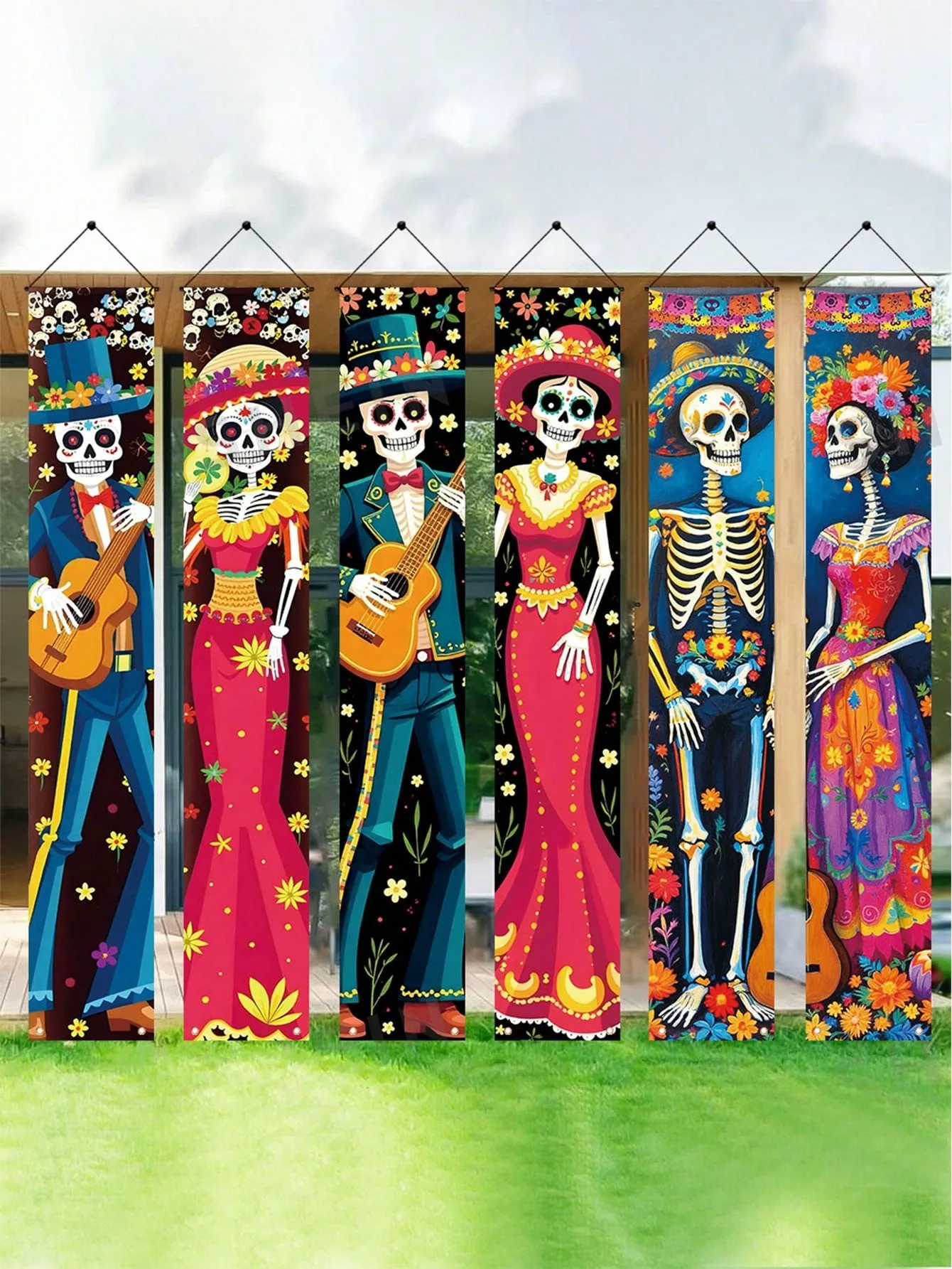 Banner und Vorhänge zum Tag der Toten, mexikanische Zucker-Totenkopf-Dekorationen zum Aufhängen, Verwendung als Schilder für die Veranda, für die Dekoration von Haus, Haustür und für Partys zum Día de