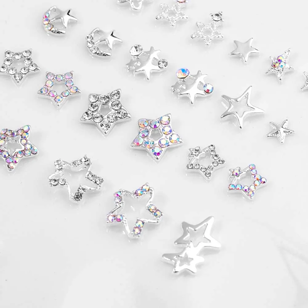 Estrella de diamante de cinco puntas para decoración de uñas, accesorios de lujo para manicura, 10 piezas, 3D, hueco, Blanco/AB