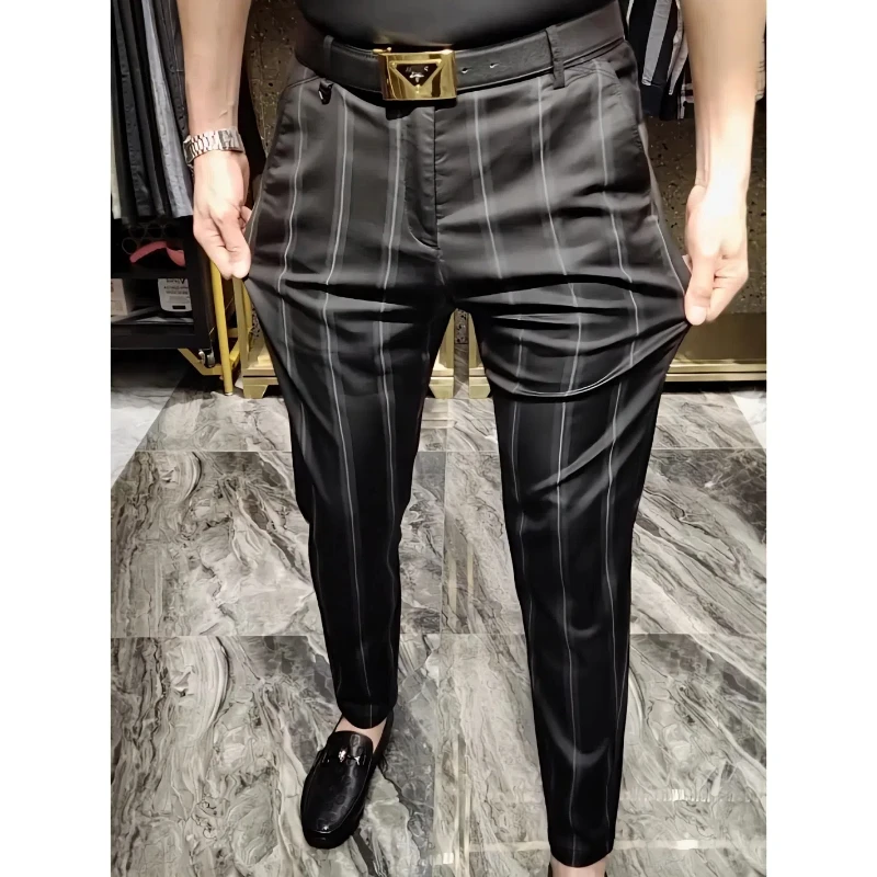 Business Casual Spring New Fashion Men's 2024 Patchwork Button Zipper Pocket Striped Minimalist Slim All-match Pencil Pants