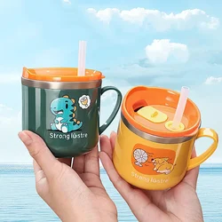 Kids Drinking Feeding Straw Baby Cup with Lid Straw Anti Drop 304 Stainless Steel Milk Cup Cartoon One Hand Grip 250ml/8.5oz