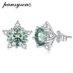 PANSYSEN Real 2 Carat Blue Green Moissanite Stud Earrings for Women Top Quality 100% 925 Sterling Silver Sparkling Wedding Gift
